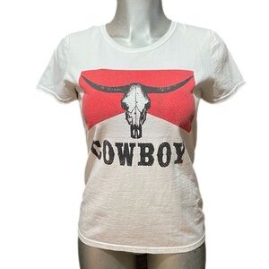 Western Cow Skull Cowboy T Shirt Basic Crew Neck Southwestern Cotton Medium Tee